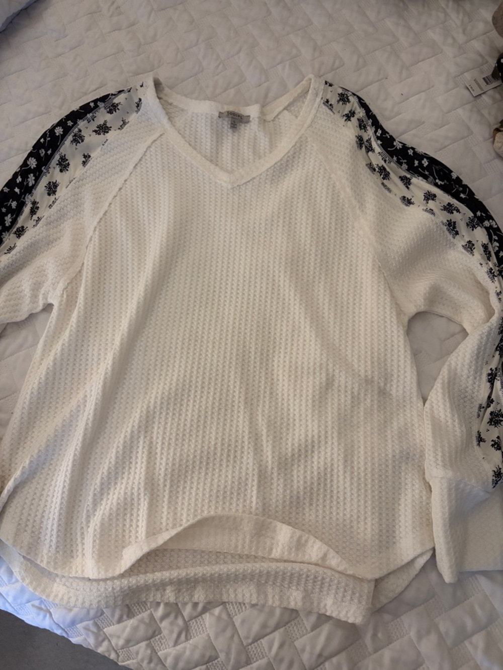 JODIFL White Waffle Knit Top with Black Floral Trim